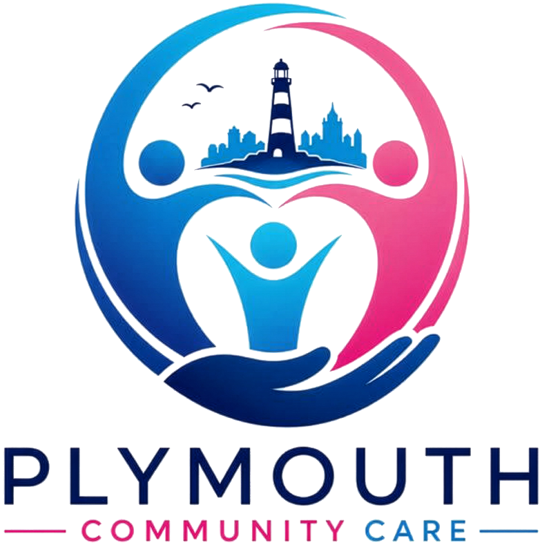 A colourful Plymouth Community Care logo featuring two supporting figures surrounding a smaller person, with a lighthouse and cityscape above, symbolising guidance, home care and community support. A colourful Plymouth Community Care logo featuring two supporting figures surrounding a smaller person, with a lighthouse and cityscape above, symbolising guidance, home care and community support.